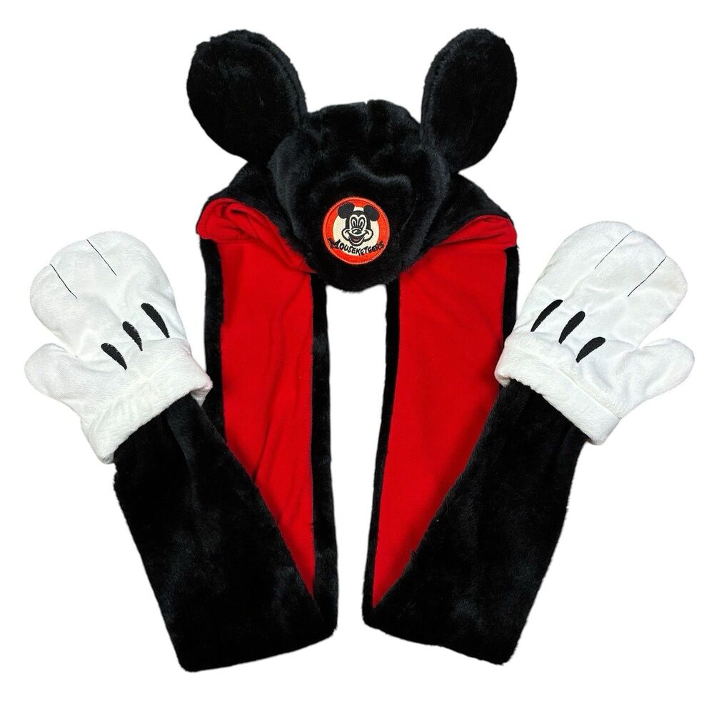 Disney Parks Mickey Mouse Mouseketeers Ears Faux Fur Hat Scarf With Mitten Adult